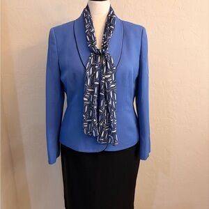 Le Suit Elegant Blue Blazer with Black Skirt and patterned scarf
